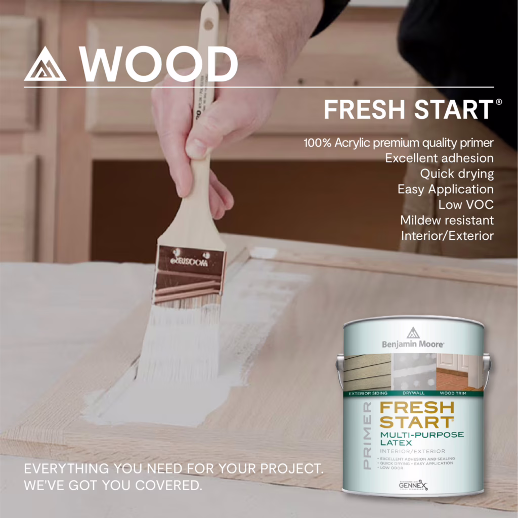 สีรองพื้นไม้ สูตรน้ำ Benjamin Moore รุ่น Fresh Start สีรองพื้นแห้งเร็ว ยึดเกาะดีเยี่ยม บล็อกยางไม้ ทนชื้นไม่มีกลิ่นฉุน Low VOC