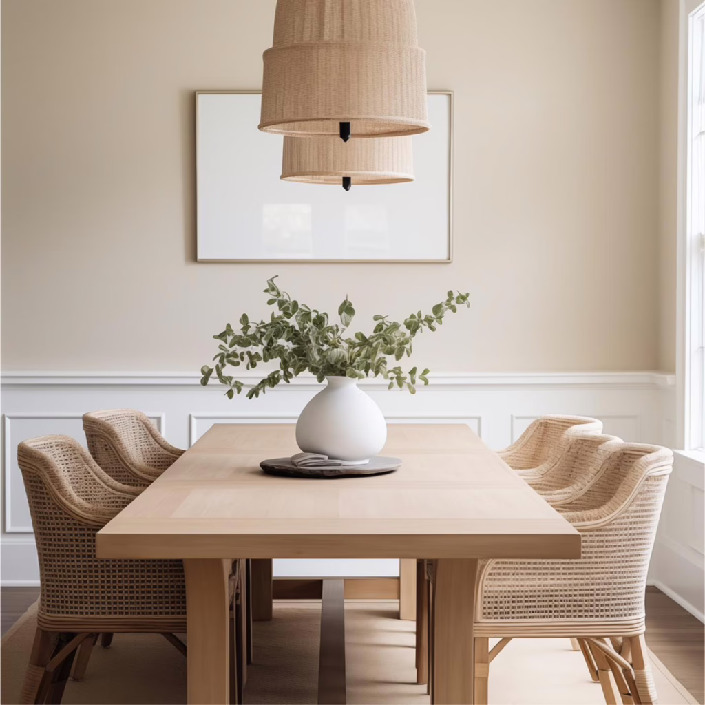 ห้องทานอาหาร ผนังทาด้วยสีเบจ Manchester Tan HC-81 จาก Benjamin Moore สีโทนกลาง Neutral Color ที่ใช้แต่งบ้านสวย เหมาะกับทุกสไตล์